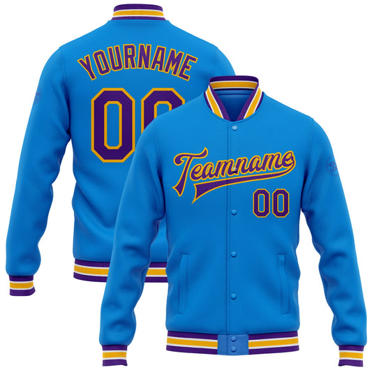 Custom Powder Blue Purple-Gold Bomber Full-Snap Varsity Letterman Jacket - Main View