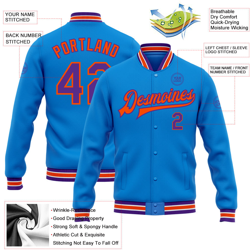 Custom Powder Blue Purple-Orange Bomber Full-Snap Varsity Letterman Jacket view 5