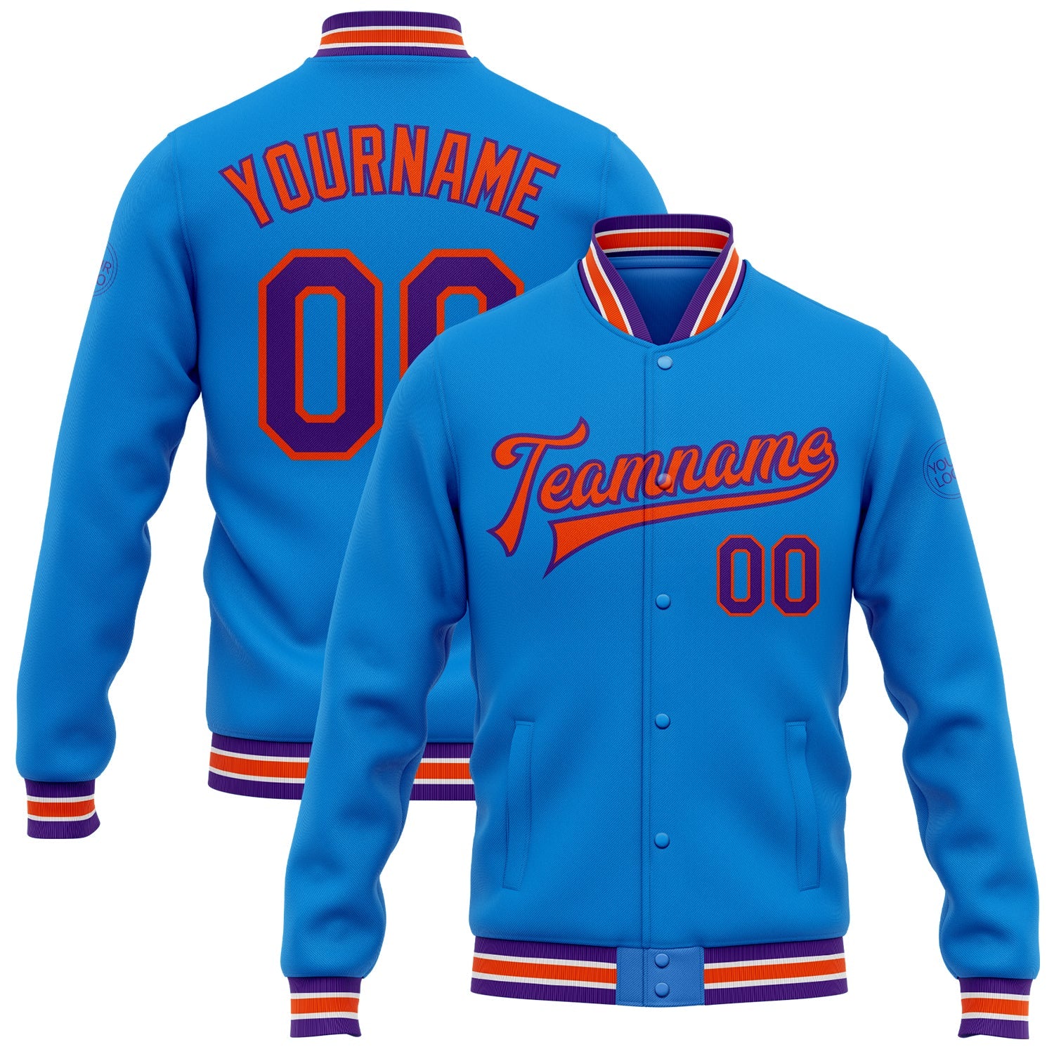 Custom Powder Blue Purple-Orange Bomber Full-Snap Varsity Letterman Jacket - Main View