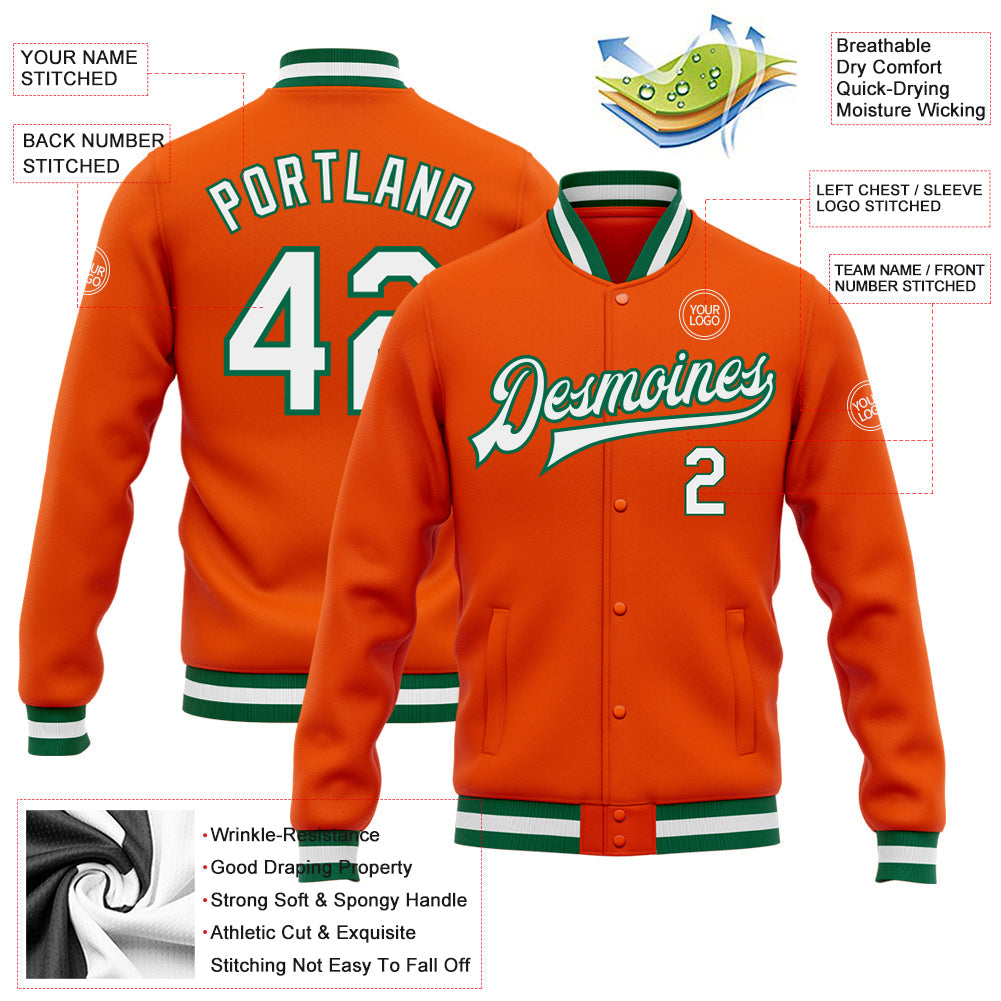 Custom Orange White-Kelly Green Bomber Full-Snap Varsity Letterman Jacket view 5