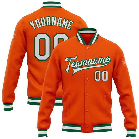 Custom Orange White-Kelly Green Bomber Full-Snap Varsity Letterman Jacket - Main View