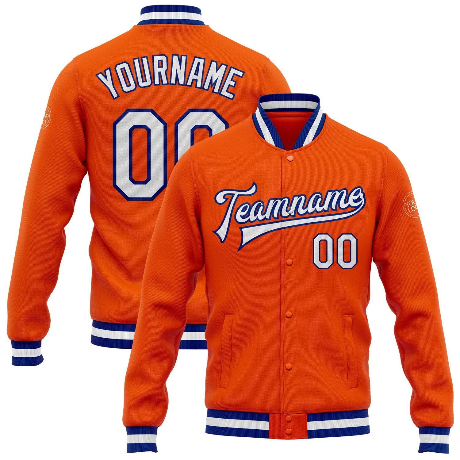 Custom Orange White-Royal Bomber Full-Snap Varsity Letterman Jacket - Main View