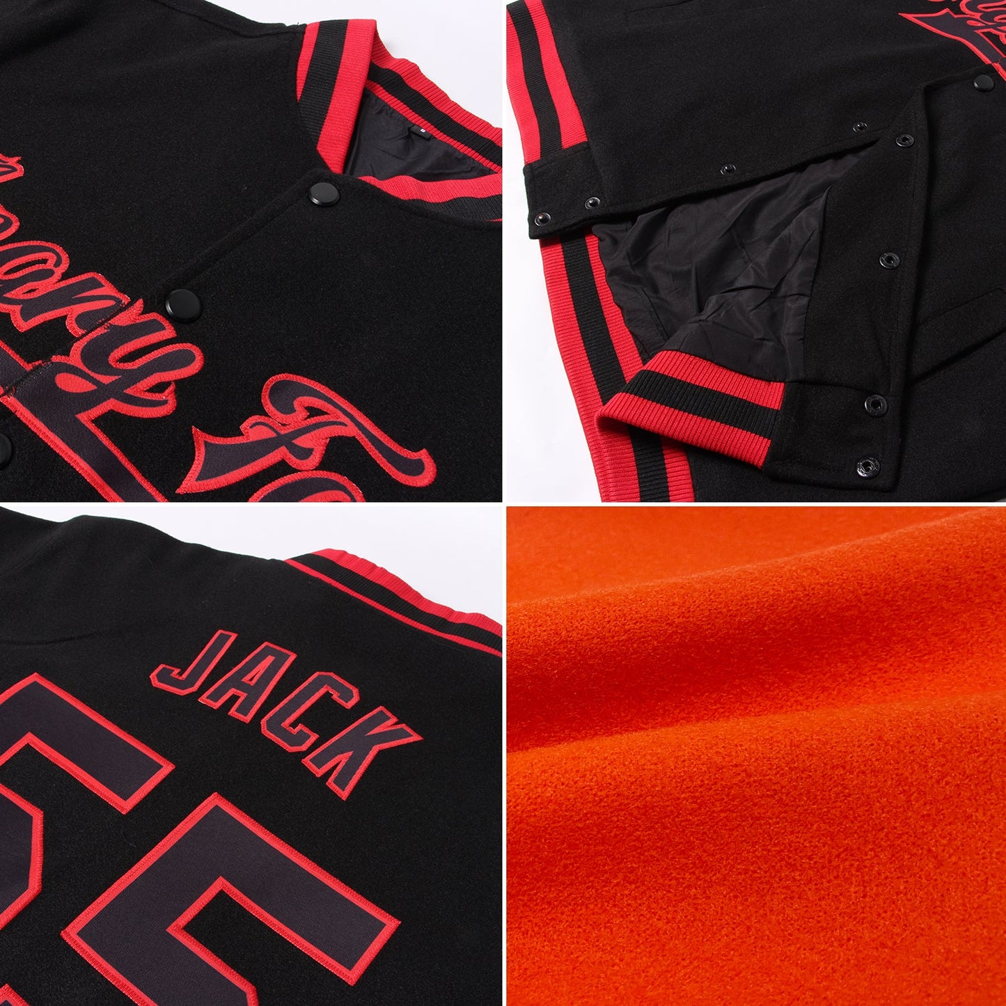 Custom Orange White-Black Bomber Full-Snap Varsity Letterman Jacket view 4