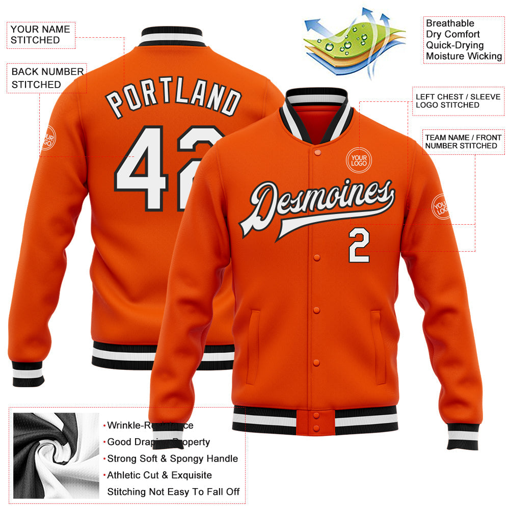 Custom Orange White-Black Bomber Full-Snap Varsity Letterman Jacket view 5