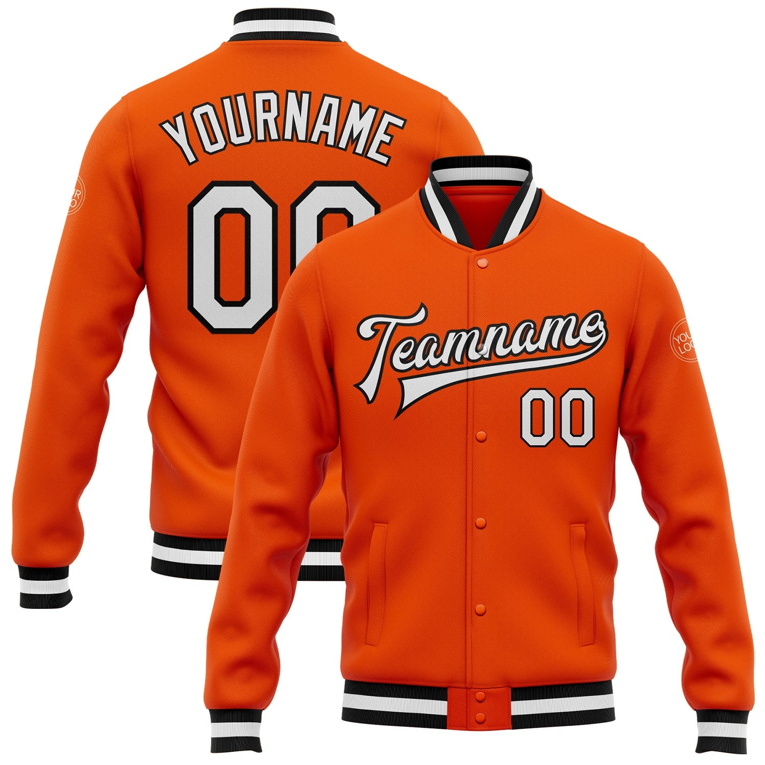 Custom Orange White-Black Bomber Full-Snap Varsity Letterman Jacket - Main View