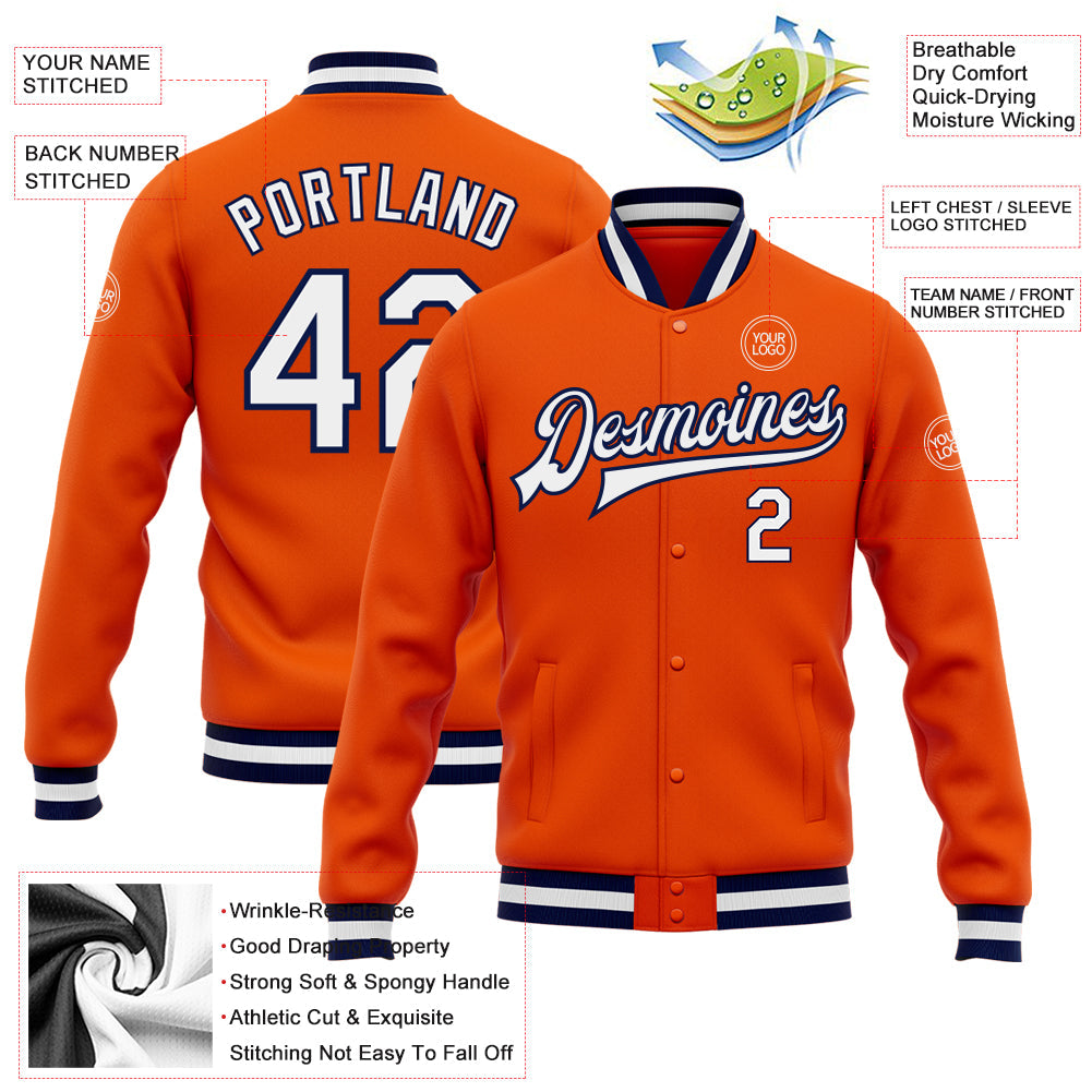 Custom Orange White-Navy Bomber Full-Snap Varsity Letterman Jacket view 5