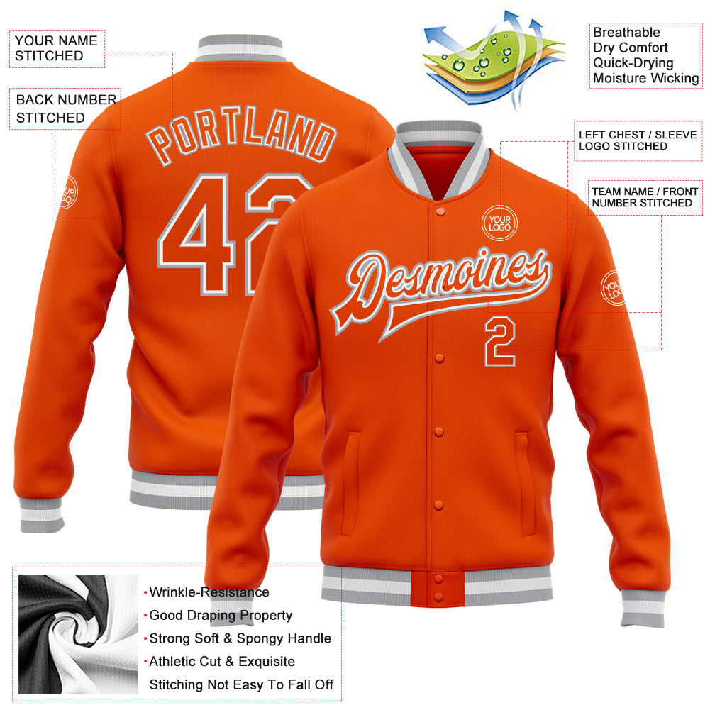 Custom Orange White-Gray Bomber Full-Snap Varsity Letterman Jacket view 5