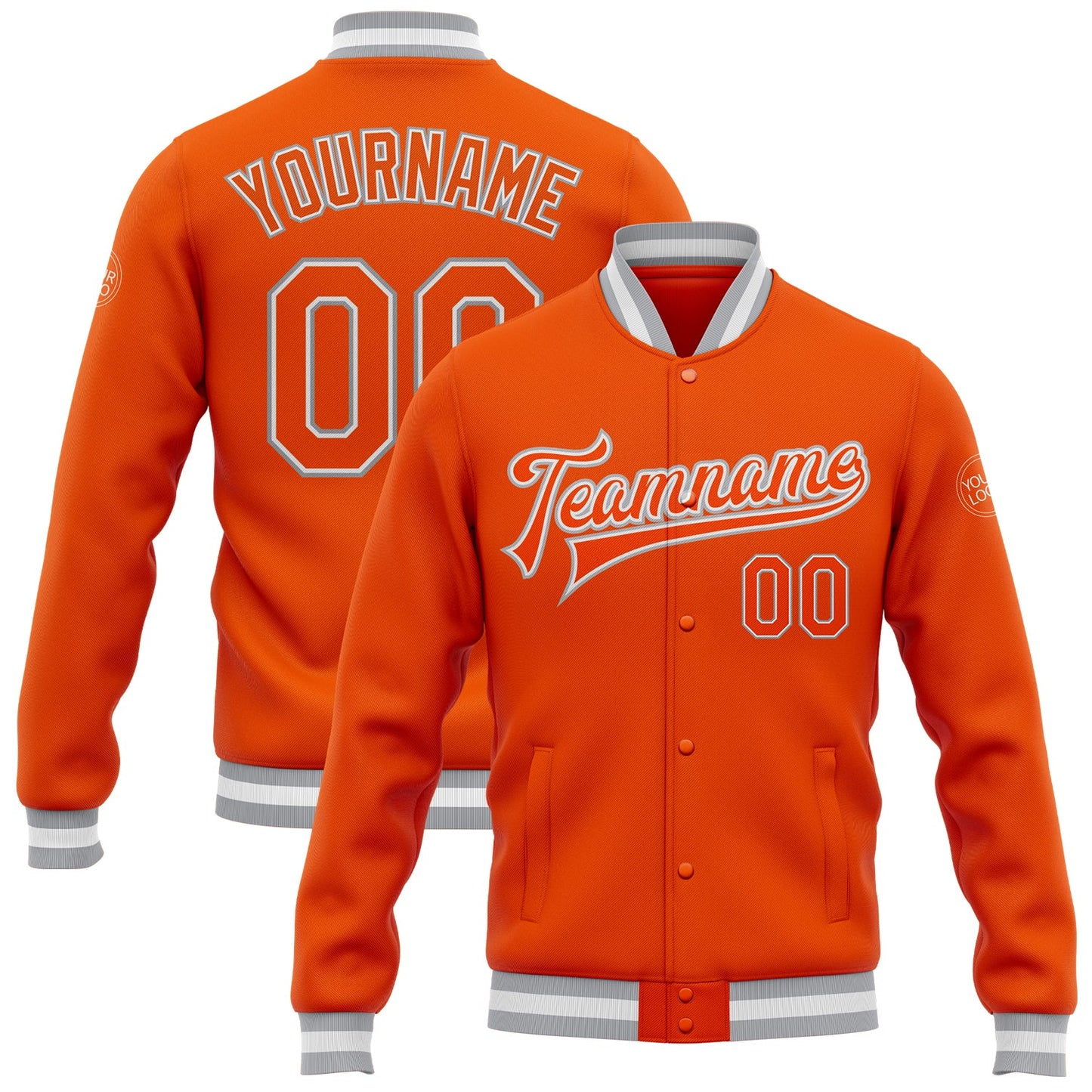 Custom Orange White-Gray Bomber Full-Snap Varsity Letterman Jacket - Main View