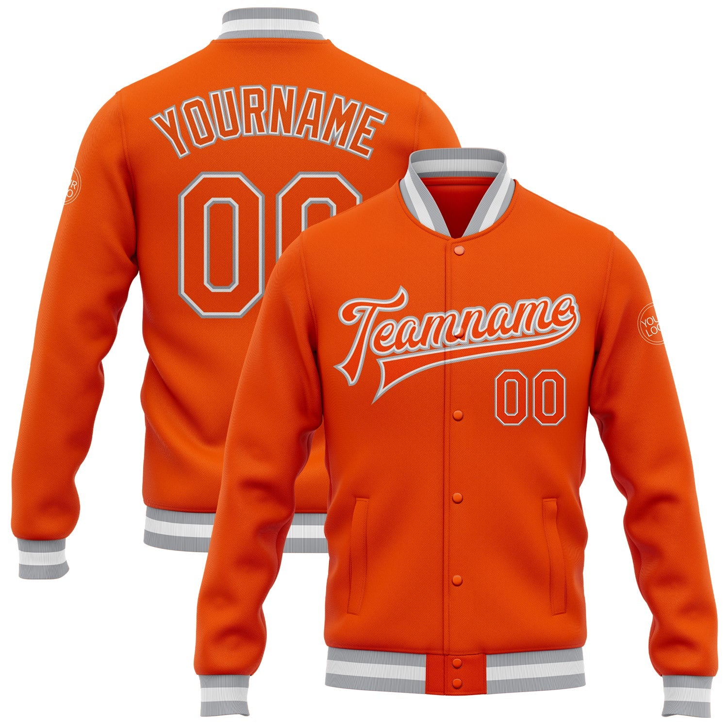 Custom Orange White-Gray Bomber Full-Snap Varsity Letterman Jacket - Main View