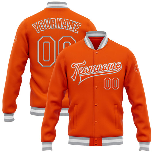 Custom Orange White-Gray Bomber Full-Snap Varsity Letterman Jacket - Main View