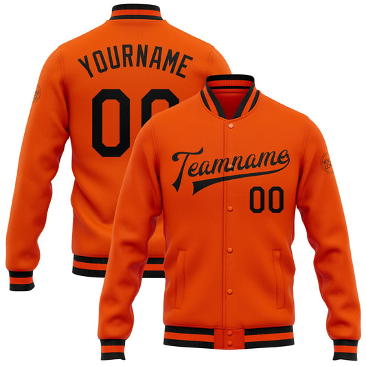 Custom Orange Black Bomber Full-Snap Varsity Letterman Jacket - Main View