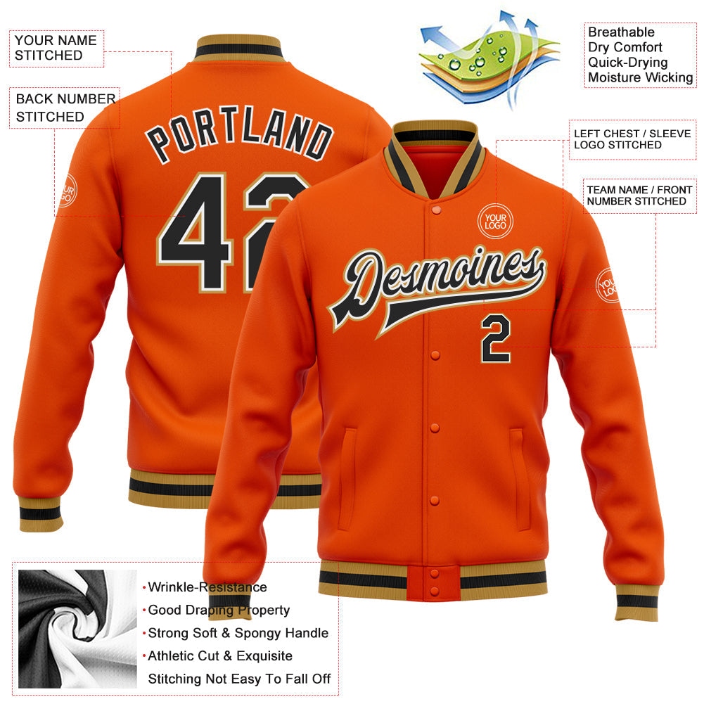 Custom Orange Black-Old Gold Bomber Full-Snap Varsity Letterman Jacket view 5