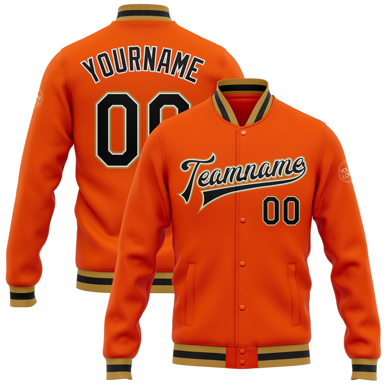 Custom Orange Black-Old Gold Bomber Full-Snap Varsity Letterman Jacket - Main View