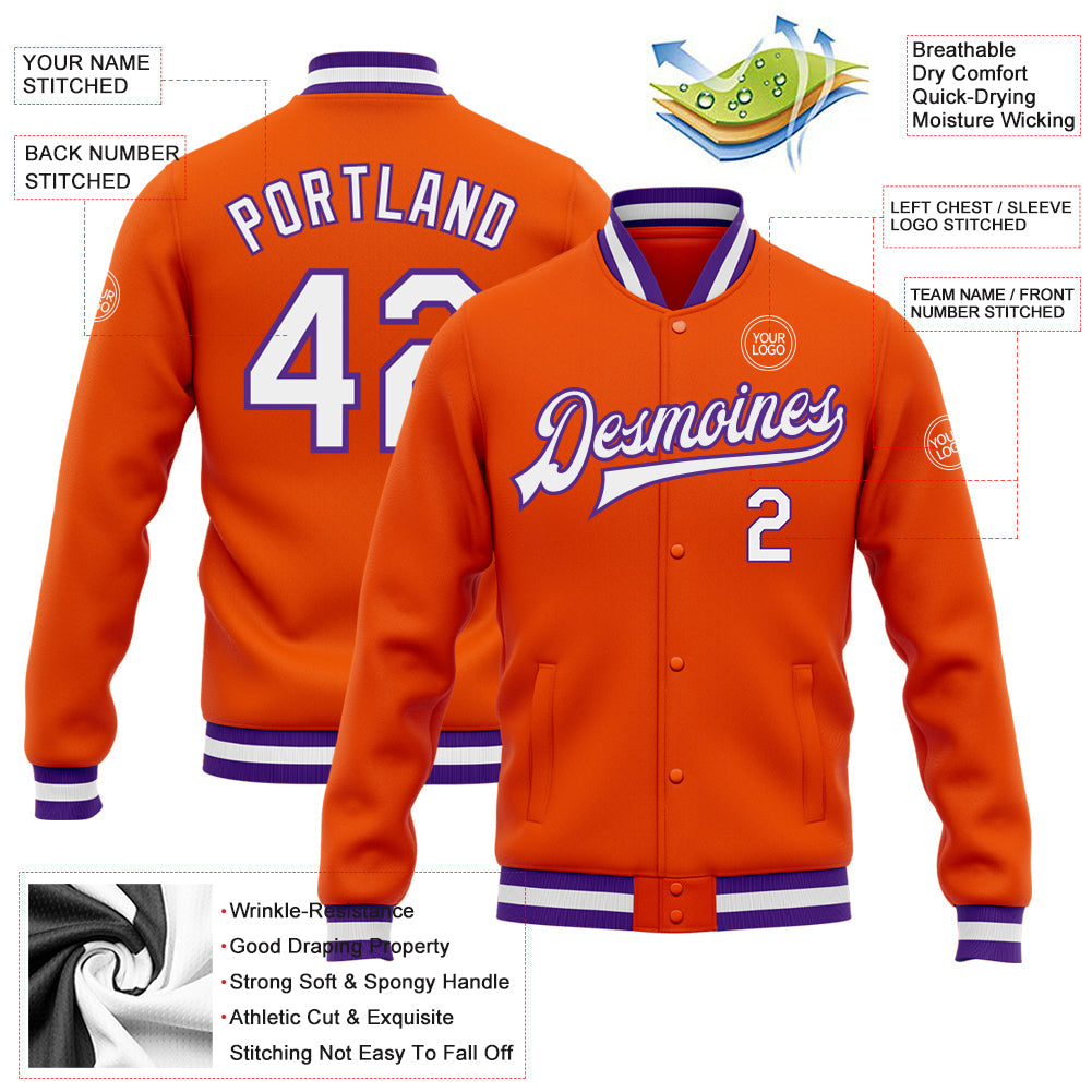 Custom Orange White-Purple Bomber Full-Snap Varsity Letterman Jacket view 5