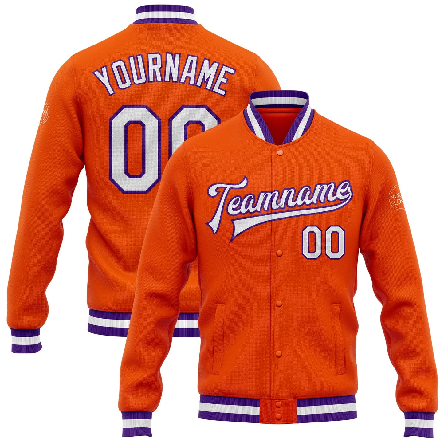 Custom Orange White-Purple Bomber Full-Snap Varsity Letterman Jacket - Main View