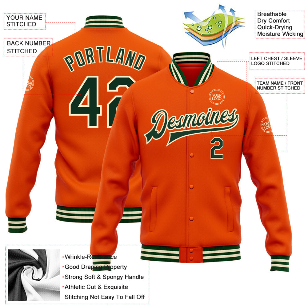 Custom Orange Green-Cream Bomber Full-Snap Varsity Letterman Jacket view 5