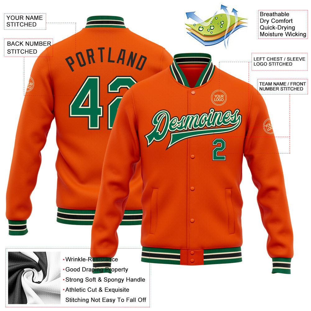 Custom Orange Kelly Green Cream-Black Bomber Full-Snap Varsity Letterman Jacket view 5