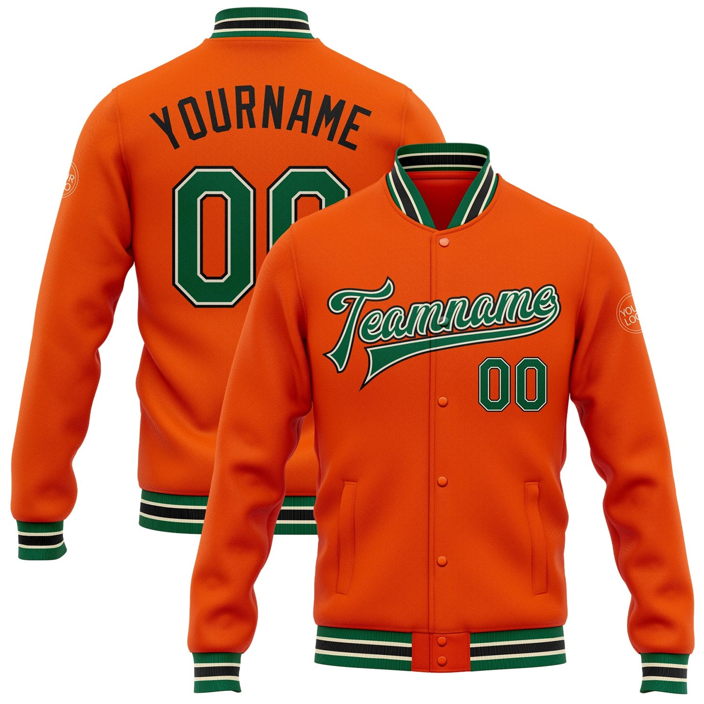 Custom Orange Kelly Green Cream-Black Bomber Full-Snap Varsity Letterman Jacket - Main View