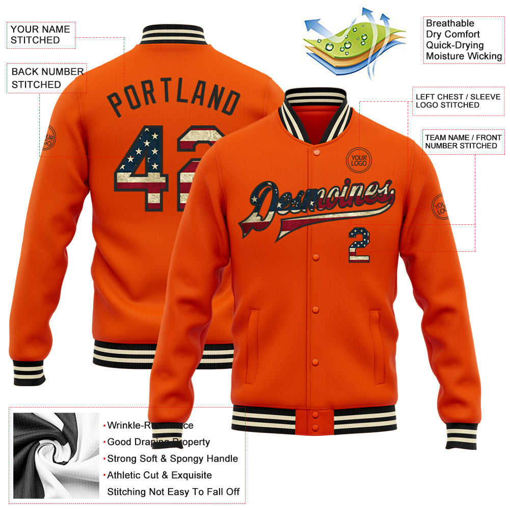 Custom Orange Vintage USA Flag Black-Cream Bomber Full-Snap Varsity Letterman Jacket view 5