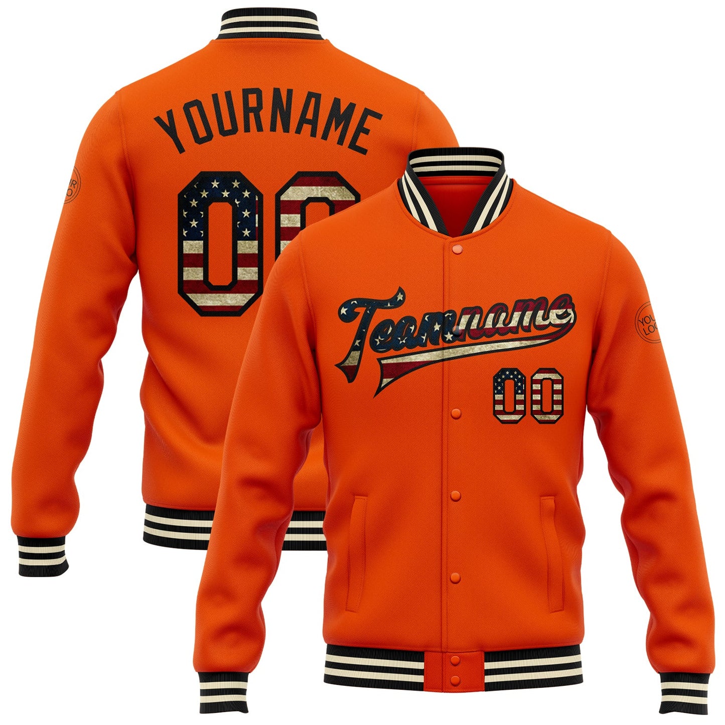 Custom Orange Vintage USA Flag Black-Cream Bomber Full-Snap Varsity Letterman Jacket - Main View