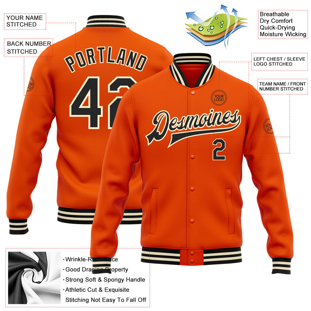 Custom Orange Black-Cream Bomber Full-Snap Varsity Letterman Jacket view 5