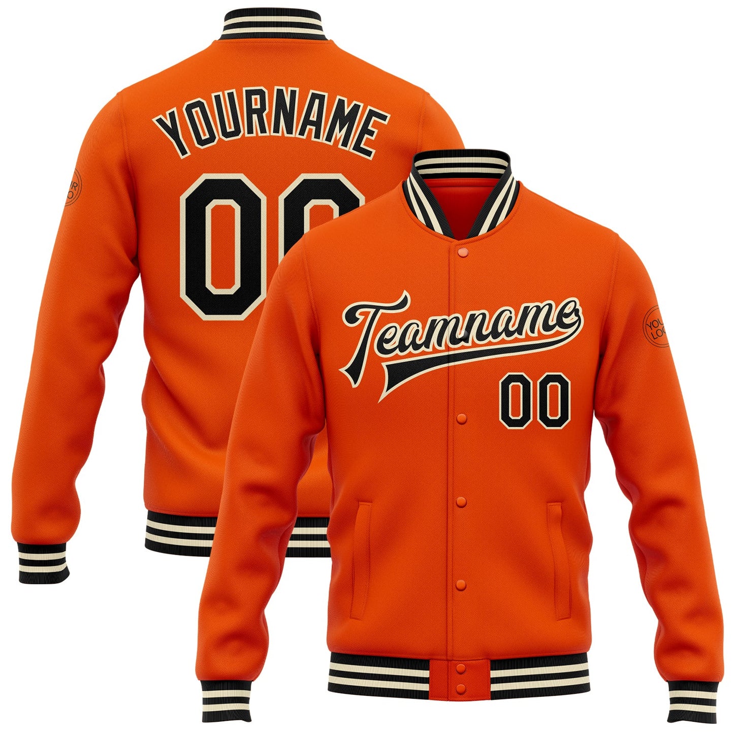 Custom Orange Black-Cream Bomber Full-Snap Varsity Letterman Jacket - Main View