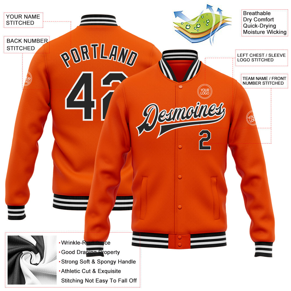 Custom Orange Black-White Bomber Full-Snap Varsity Letterman Jacket view 5