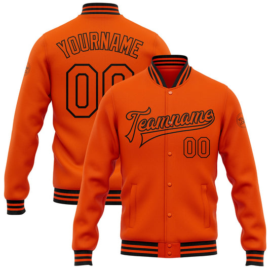 Custom Orange Black Bomber Full-Snap Varsity Letterman Jacket - Main View