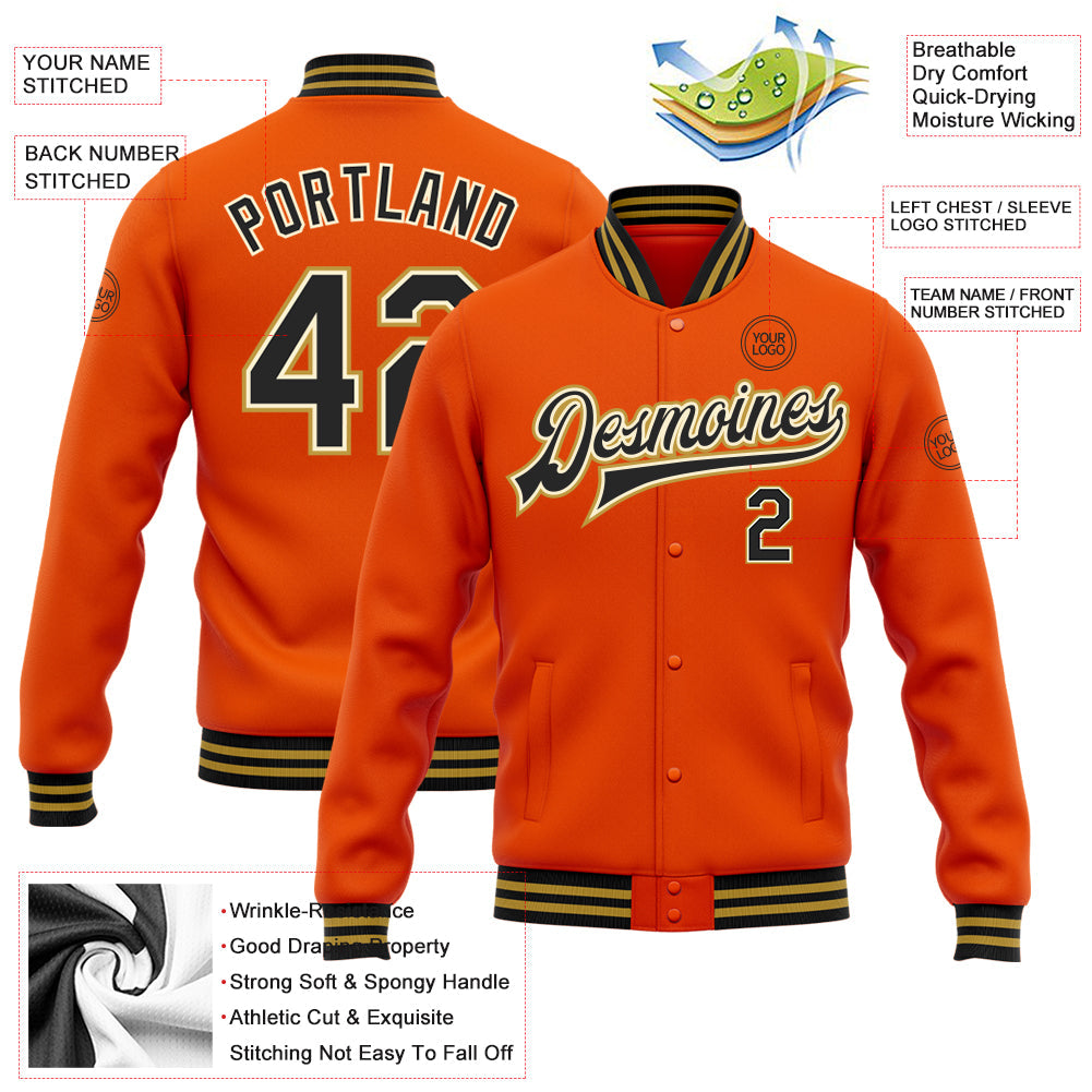 Custom Orange Black Cream-Old Gold Bomber Full-Snap Varsity Letterman Jacket view 5