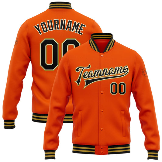 Custom Orange Black Cream-Old Gold Bomber Full-Snap Varsity Letterman Jacket - Main View