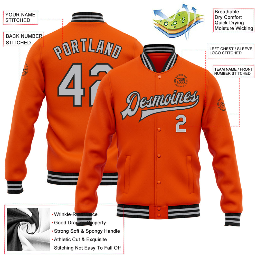 Custom Orange Gray-Black Bomber Full-Snap Varsity Letterman Jacket view 5