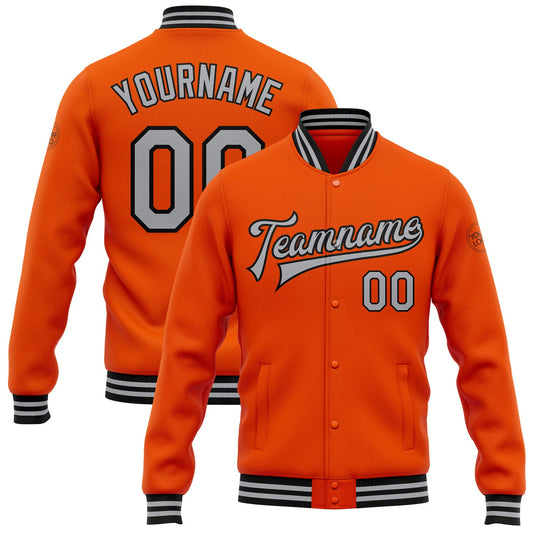 Custom Orange Gray-Black Bomber Full-Snap Varsity Letterman Jacket - Main View