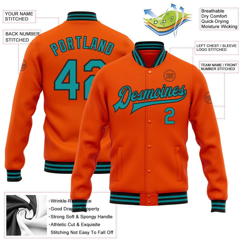 Custom Orange Teal-Black Bomber Full-Snap Varsity Letterman Jacket view 5
