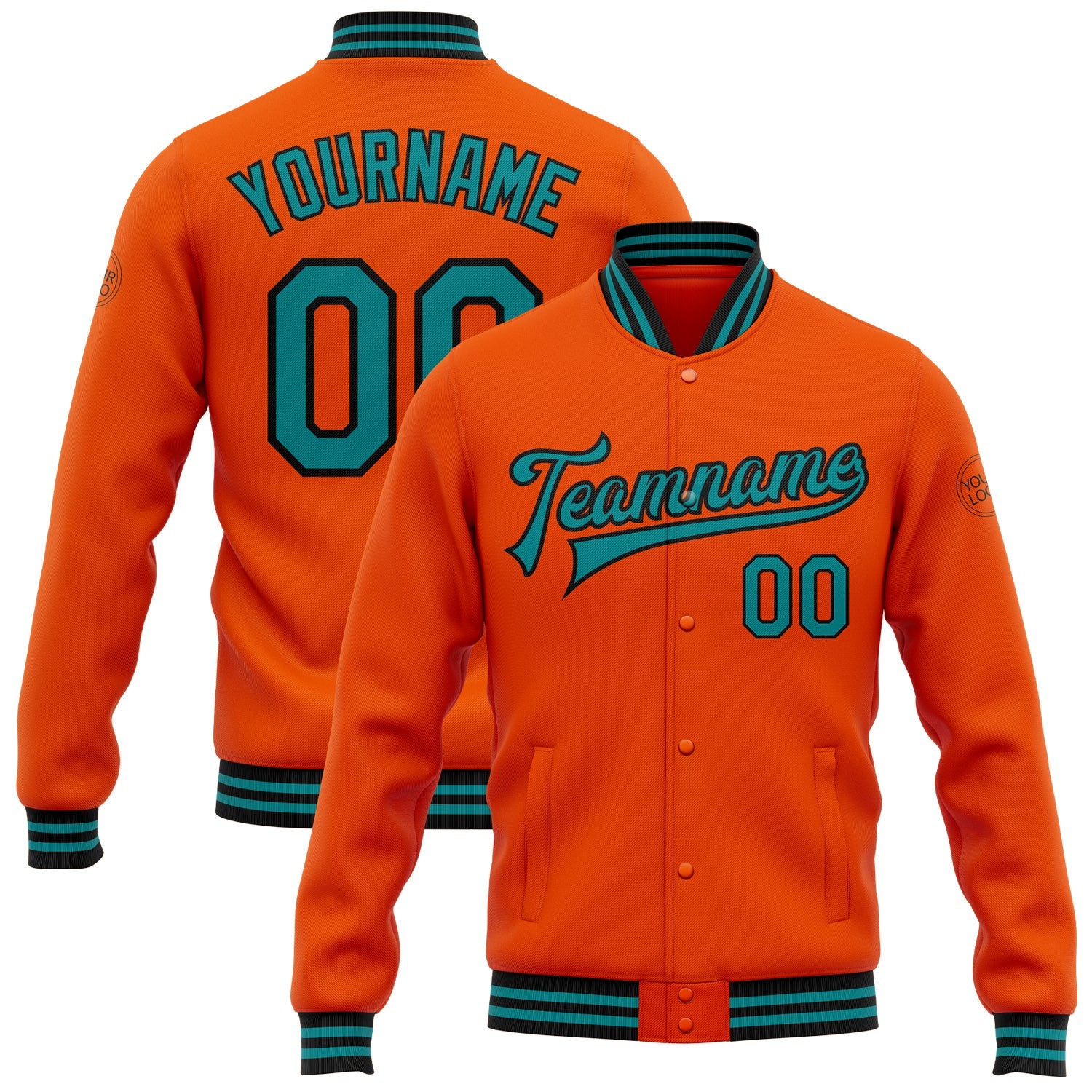 Custom Orange Teal-Black Bomber Full-Snap Varsity Letterman Jacket - Main View