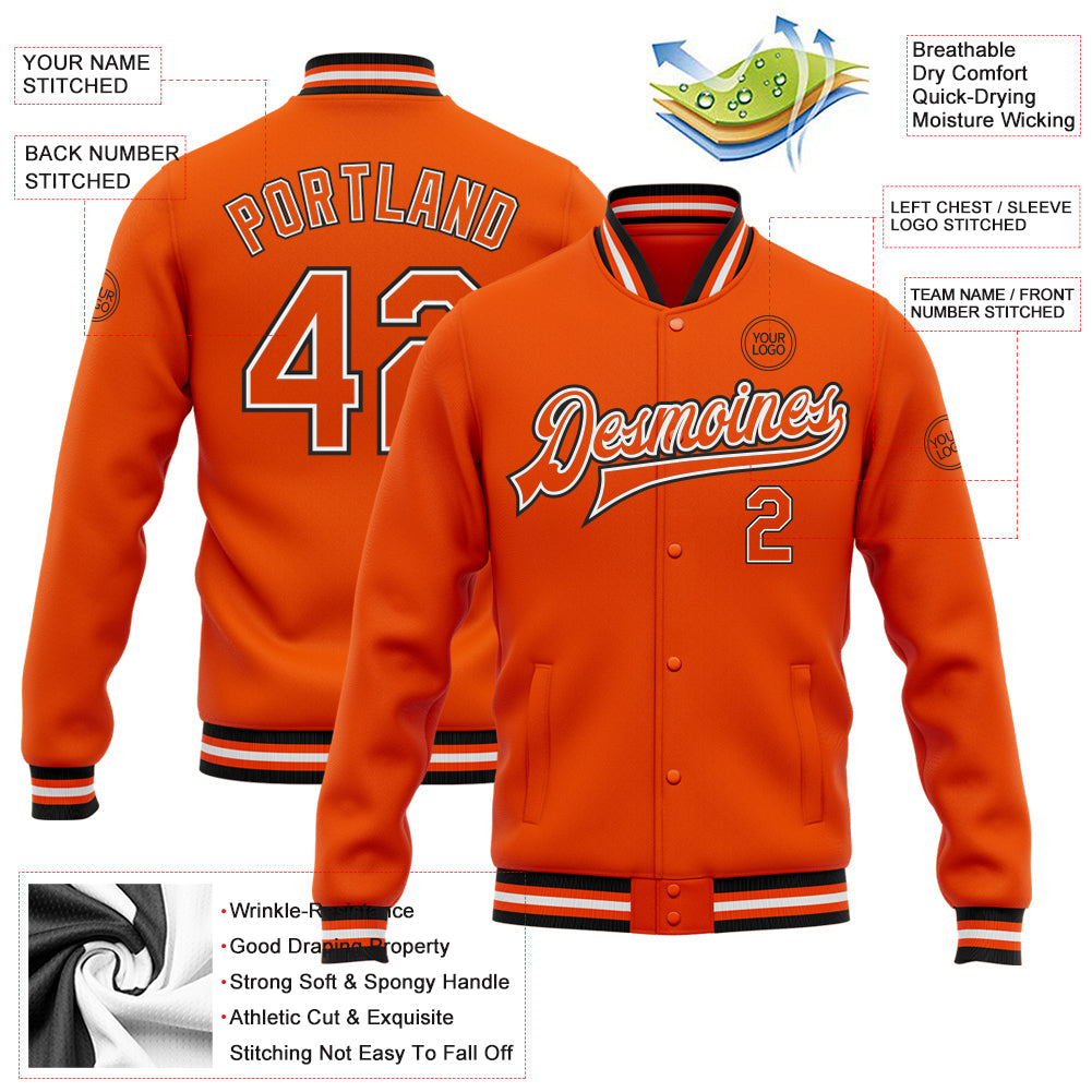 Custom Orange White-Black Bomber Full-Snap Varsity Letterman Jacket view 5