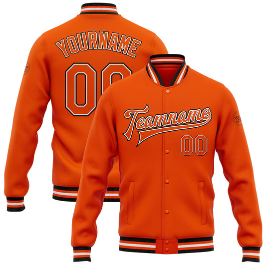 Custom Orange White-Black Bomber Full-Snap Varsity Letterman Jacket - Main View