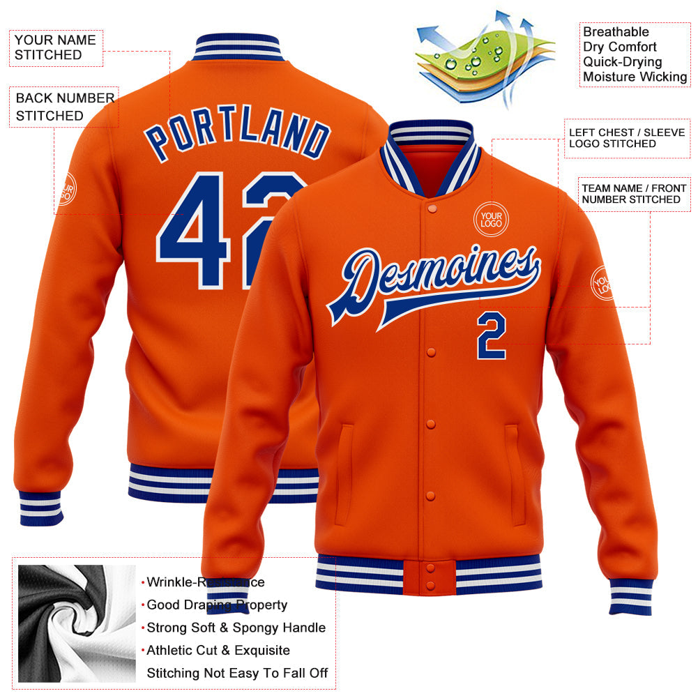 Custom Orange Royal-White Bomber Full-Snap Varsity Letterman Jacket view 5