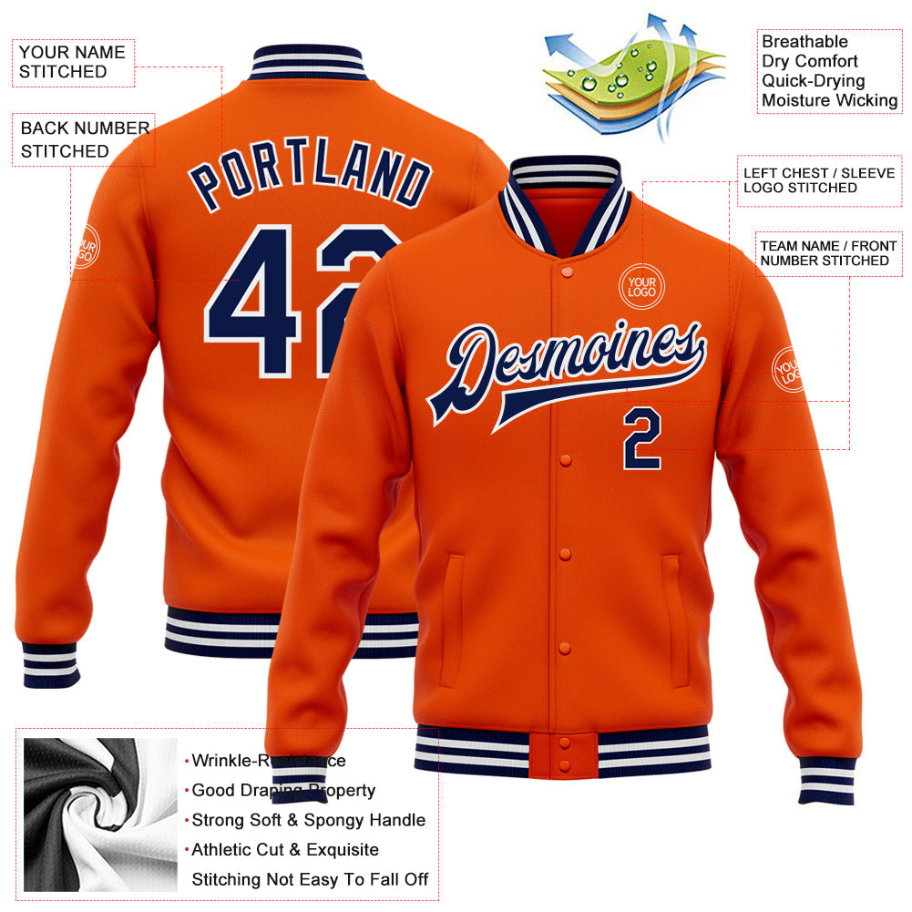 Custom Orange Navy-White Bomber Full-Snap Varsity Letterman Jacket view 5