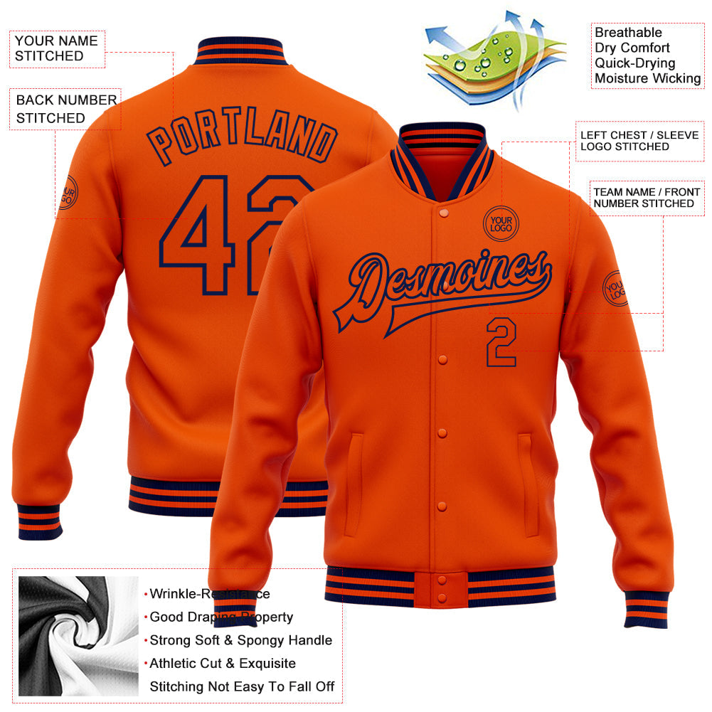 Custom Orange Navy Bomber Full-Snap Varsity Letterman Jacket view 5