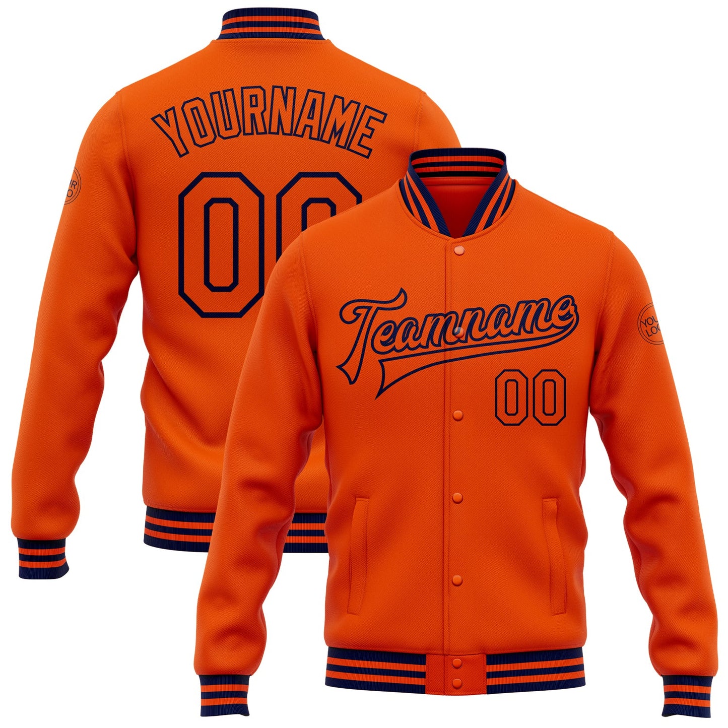 Custom Orange Navy Bomber Full-Snap Varsity Letterman Jacket - Main View