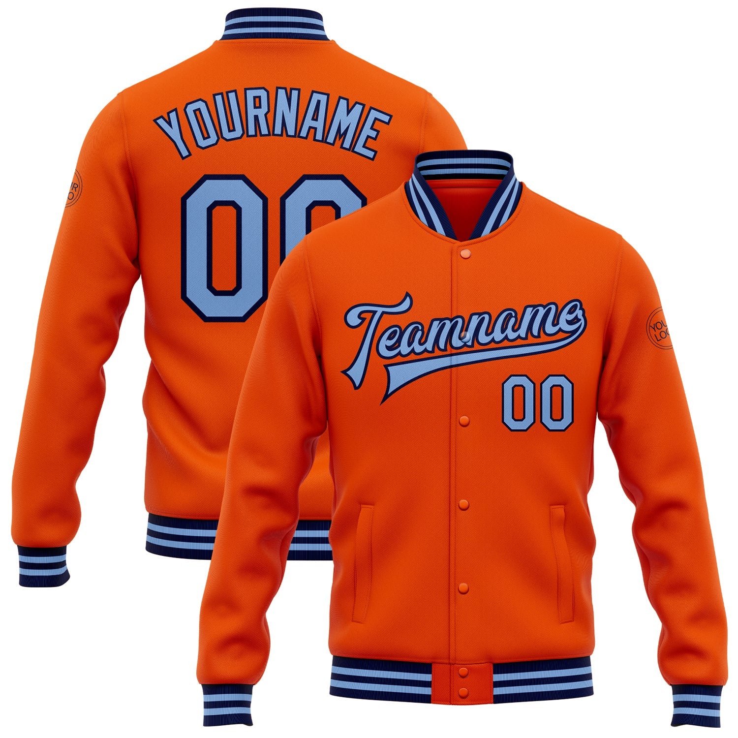 Custom Orange Light Blue-Navy Bomber Full-Snap Varsity Letterman Jacket - Main View