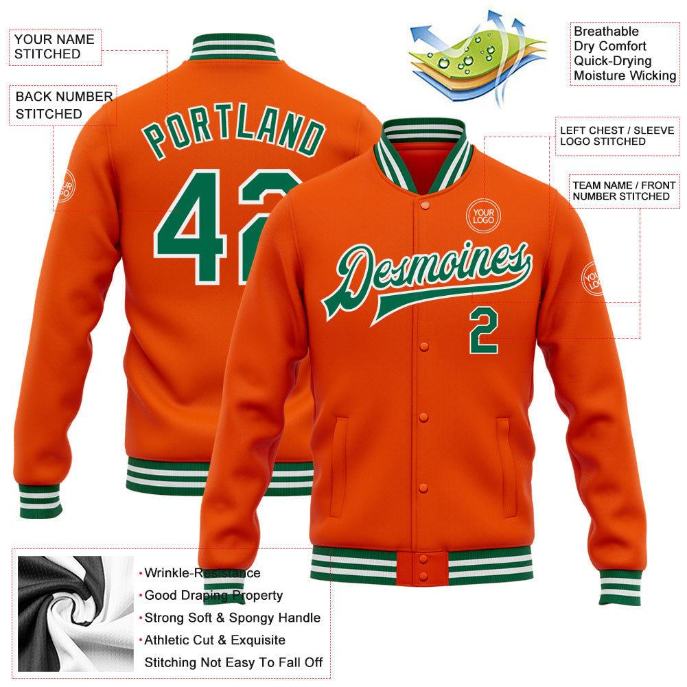 Custom Orange Kelly Green-White Bomber Full-Snap Varsity Letterman Jacket view 5