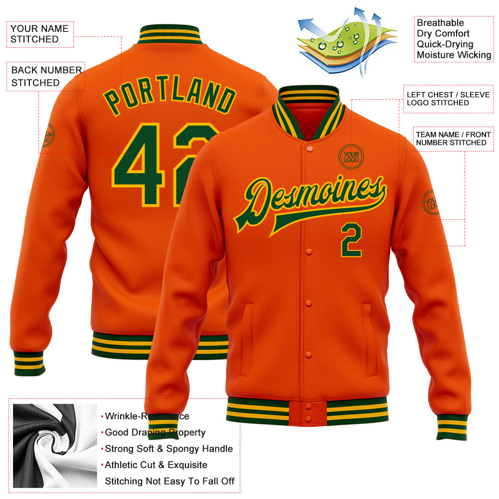 Custom Orange Green-Gold Bomber Full-Snap Varsity Letterman Jacket view 5