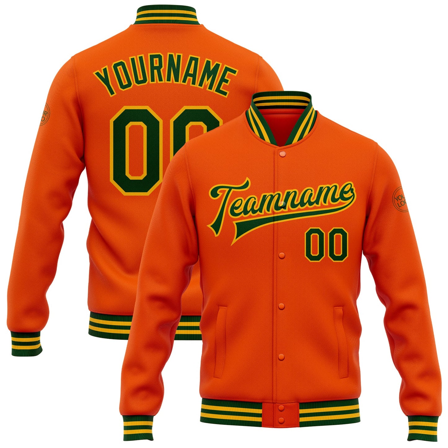 Custom Orange Green-Gold Bomber Full-Snap Varsity Letterman Jacket - Main View