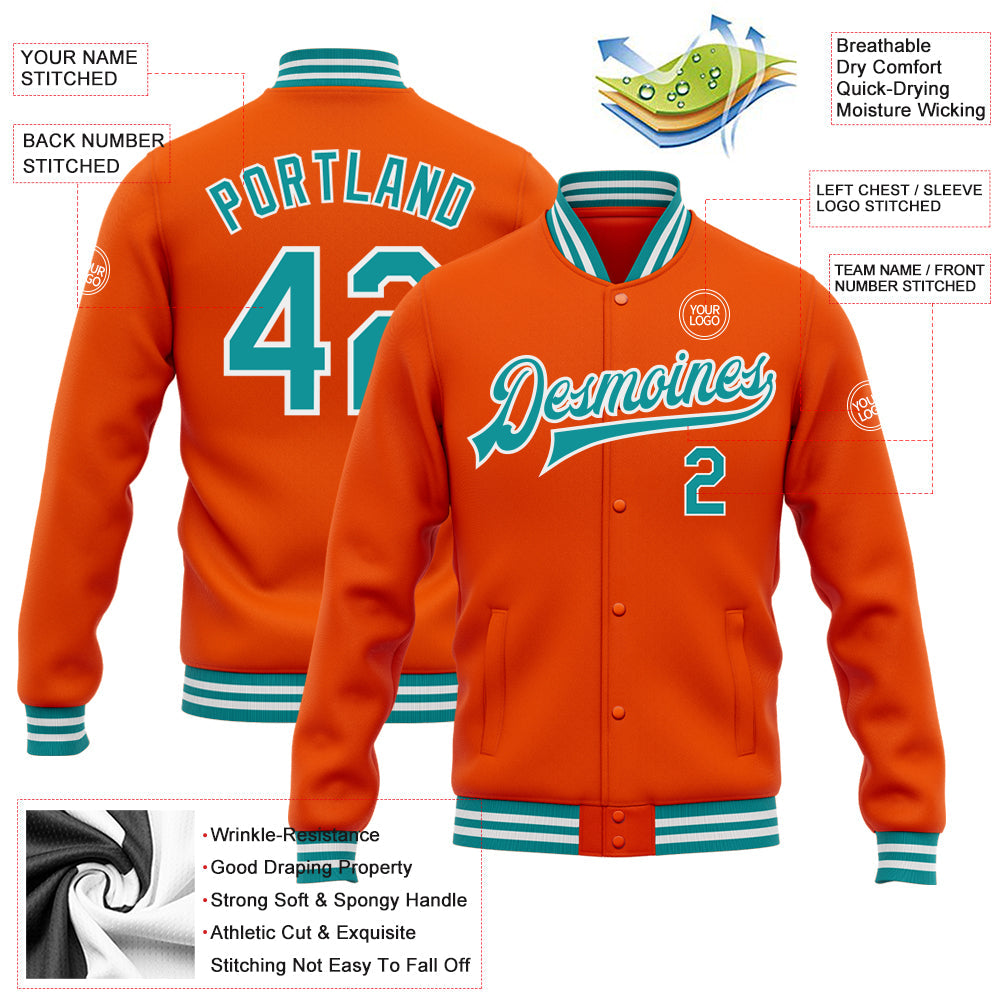 Custom Orange Teal-White Bomber Full-Snap Varsity Letterman Jacket view 5