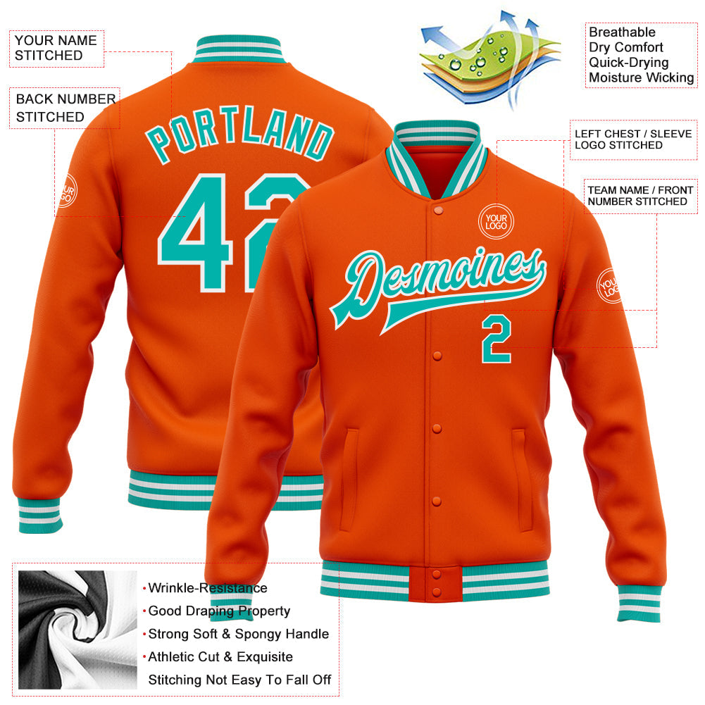 Custom Orange Aqua-White Bomber Full-Snap Varsity Letterman Jacket view 5
