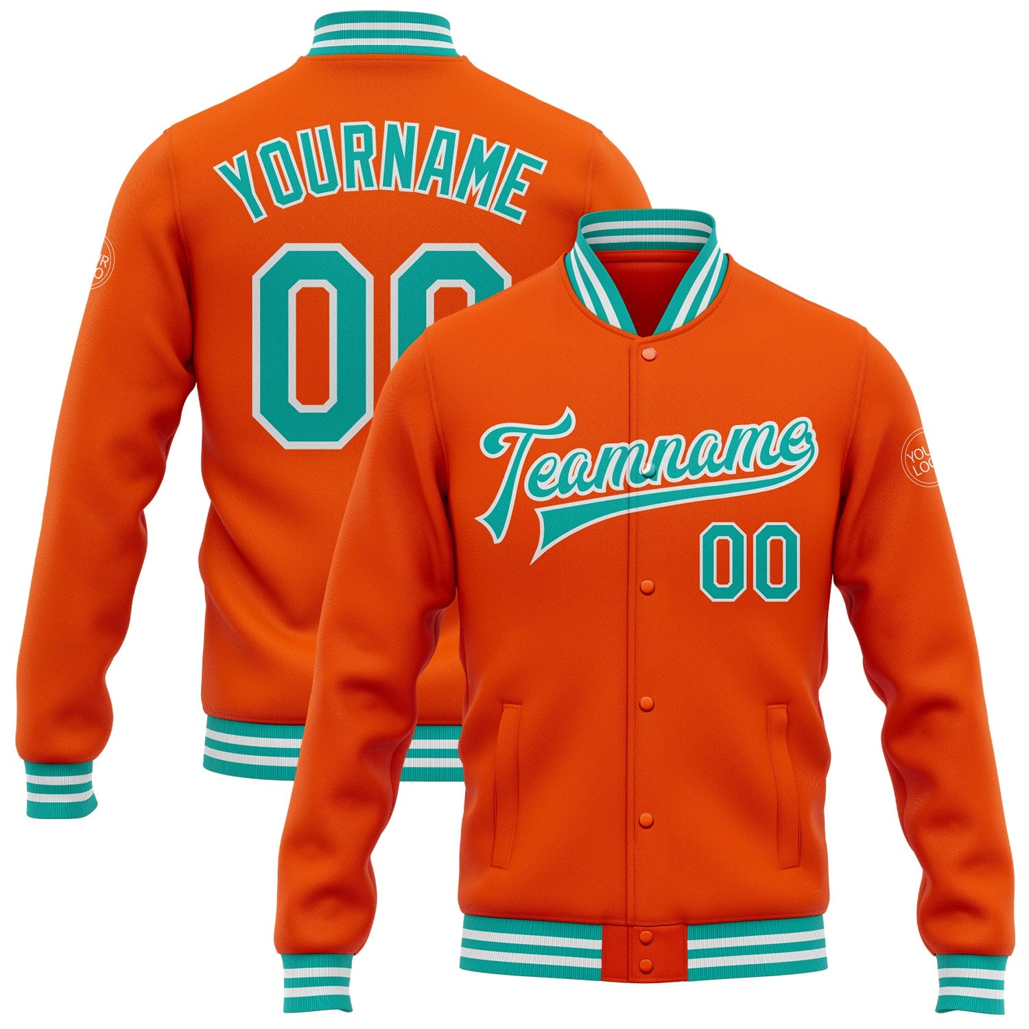 Custom Orange Aqua-White Bomber Full-Snap Varsity Letterman Jacket - Main View