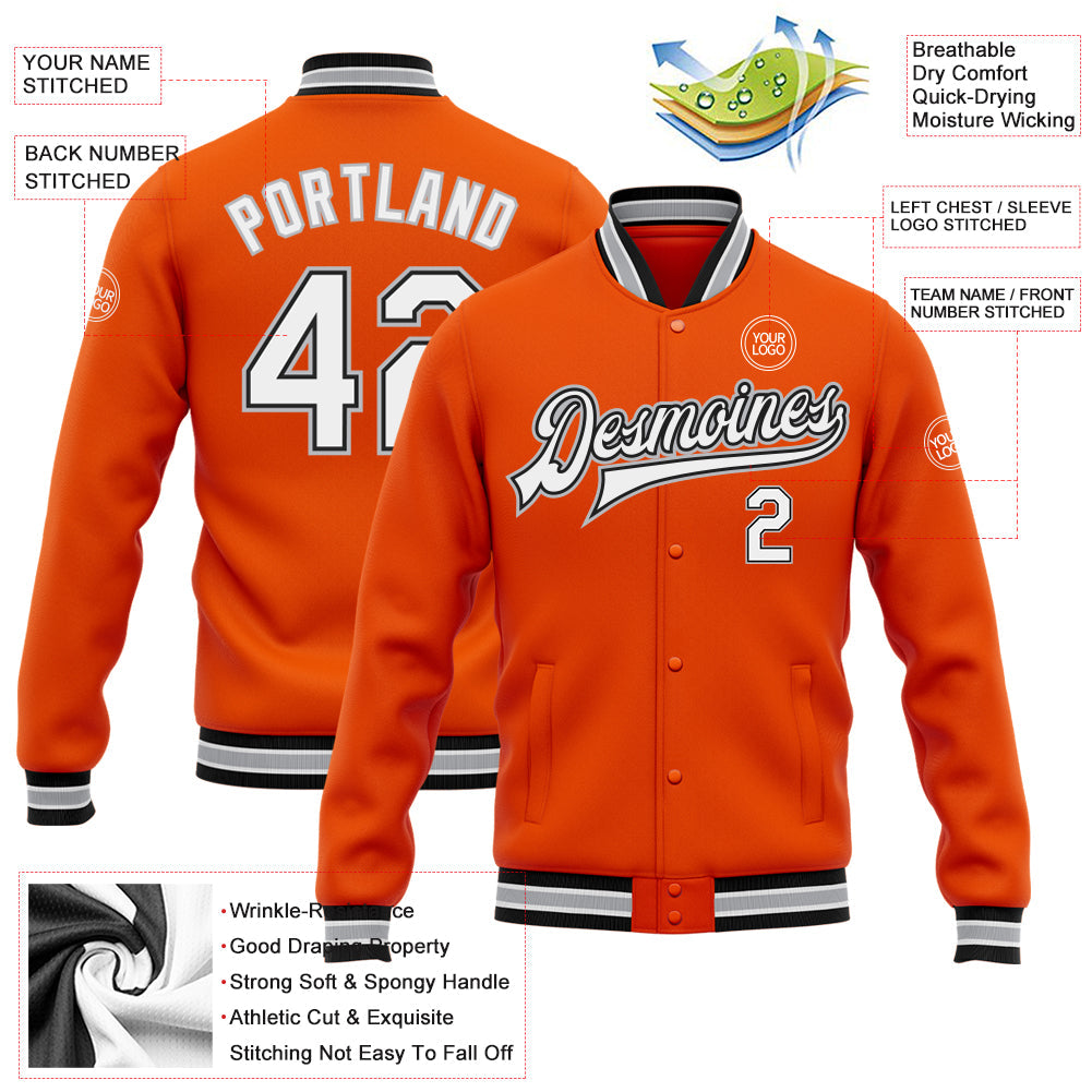 Custom Orange White Black-Gray Bomber Full-Snap Varsity Letterman Jacket view 5