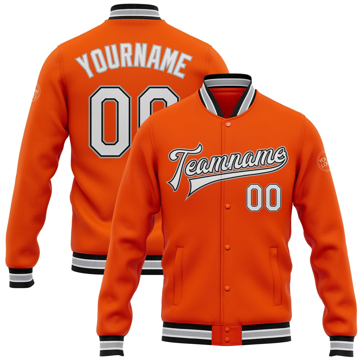 Custom Orange White Black-Gray Bomber Full-Snap Varsity Letterman Jacket - Main View