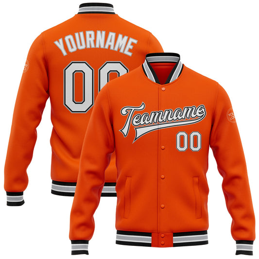 Custom Orange White Black-Gray Bomber Full-Snap Varsity Letterman Jacket - Main View